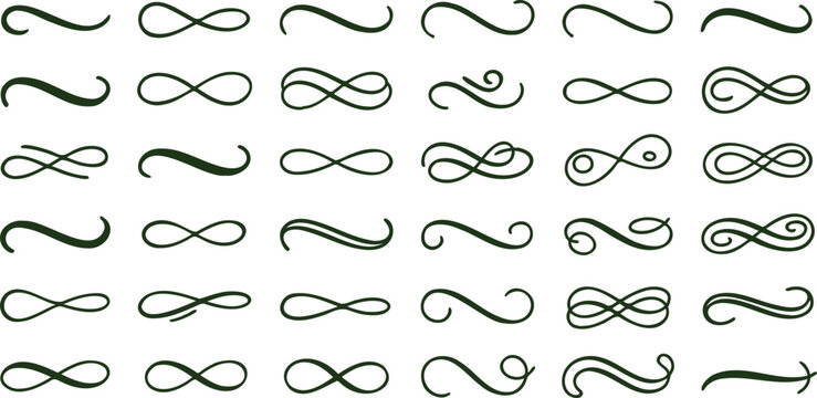 Collection of various green swirly curly line shapes and infinity symbols