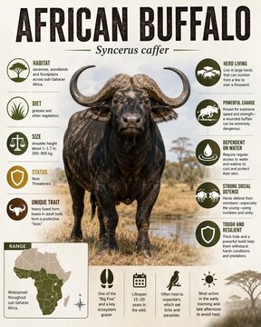 African buffalo facts including habitat, diet, size, and unique traits found in sub-Saharan Africa