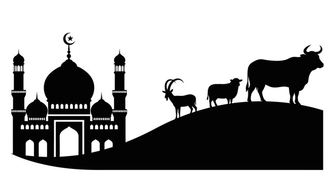 Islamic Eid al-Adha sacrifice illustration with mosque and livestock