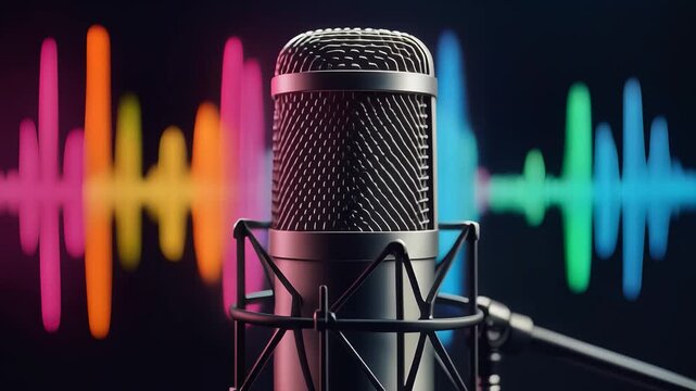 Professional microphone, detailed view with colorful sound wave patterns in the background, symbolizing audio recording and music production representing technology and communication