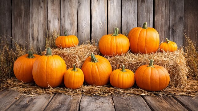 Ripe Pumpkins Arranged Neatly in a Harvest Display Area with Wooden Background