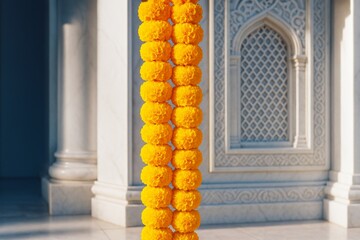 Naklejka premium Bright yellow marigold flower garland hanging in sunlight against ornate stone architectural background with intricate patterns and columns. Ai generative