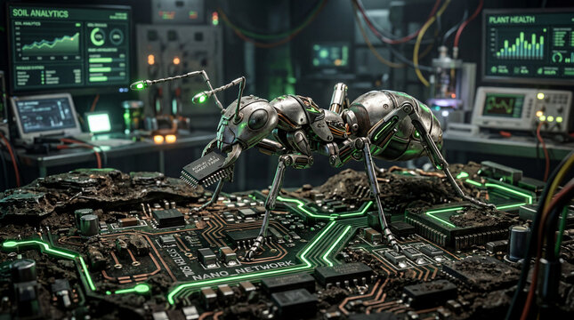 Close up of a metallic nanotech ant carrying a microchip on a circuit board soil, smart farming insect drone, laboratory environment, 8K.