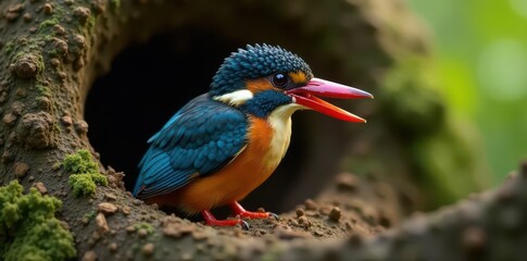 Fototapeta premium Downy kingfisher chick, beak open, peering out from nest hole, wildlife photography, feather, avian