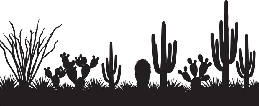 Black silhouette of various cacti and desert plants on grass