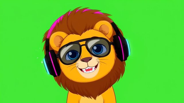 Cartoon Lion Cub Wearing Sunglasses and Headphones on Green Screen