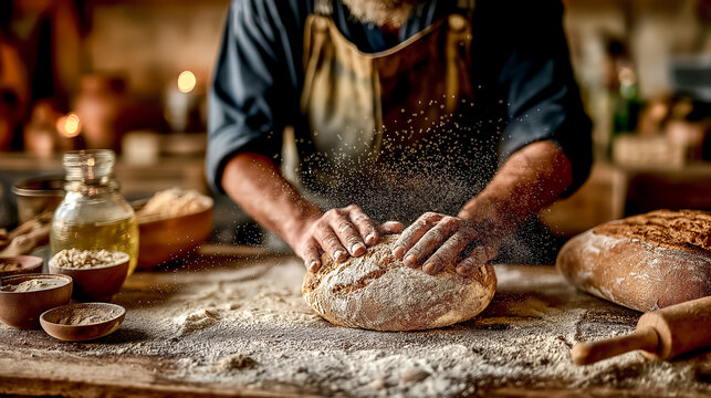 baker kneading dough on floured table