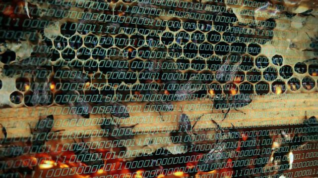 Binary overlay showing, bees crawling across comb and shifting amber sheen, visualizing hive data