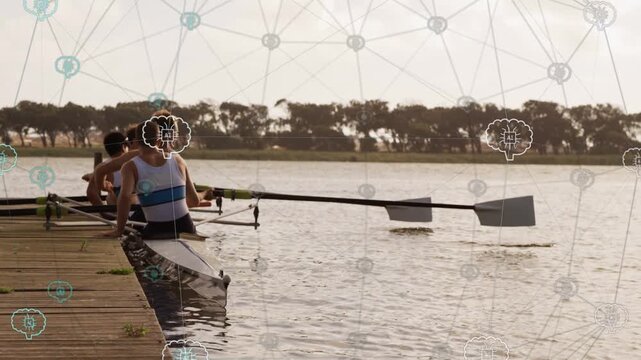 Four rowers releasing dock pushing shell rowing toward water with sports overlays showing sync