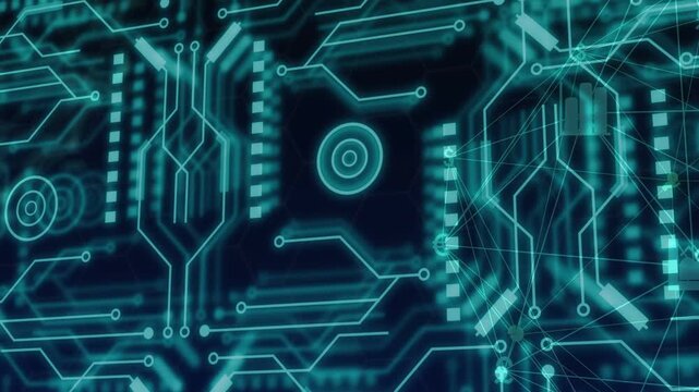 Central target pulsing, circuit traces glowing and dot-lights traveling while showing data flow