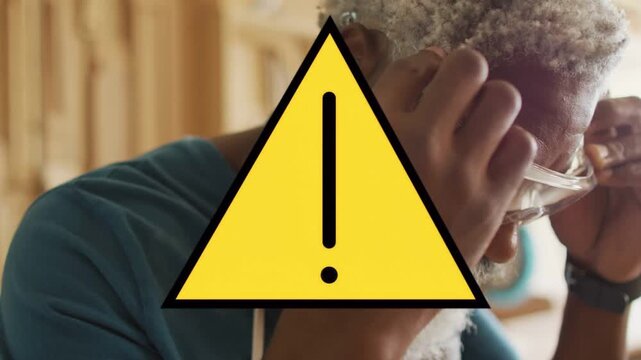 Warning triangle appearing worker lifting safety goggles fixing strap and sealing fit starting work