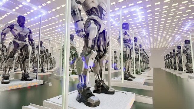 Humanoid robots in a factory industry technology tech bg 4k