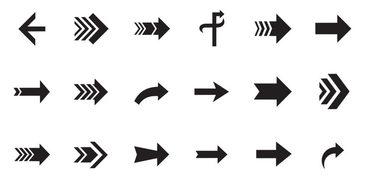 Collection of black arrow icons directional symbols for navigation and guidance