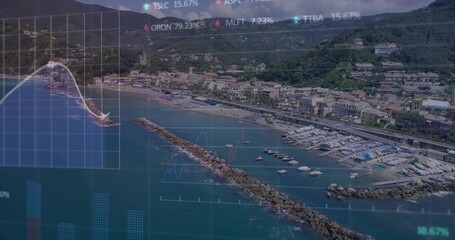 Naklejka premium Showing aerial coastal marina with rocky jetty jutting into sea, with boats, docks, finance charts