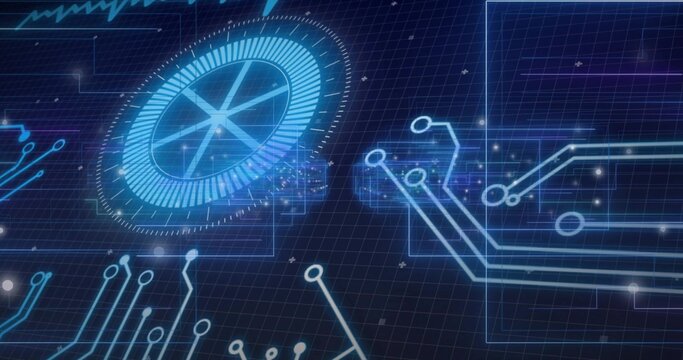 Rotating large glowing HUD pulsing over digital interface, with neon circuit traces and panels