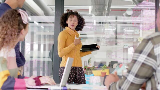 Presenter tapping tablet and pointing at glass, animated sticky notes highlighting business ideas