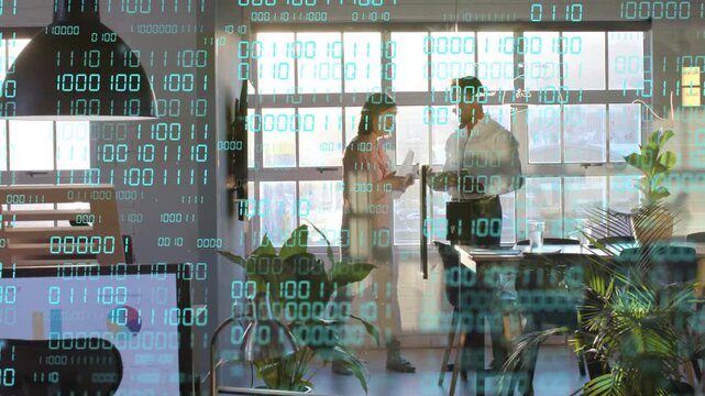 Business duo stepping closer woman showing phone man holding pad reading graph under binary overlay