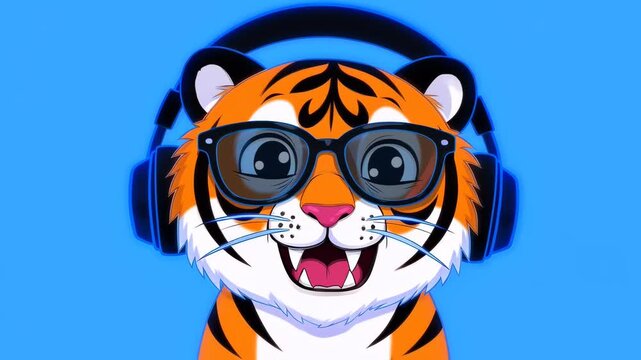 Animated Cool Tiger Cub Wearing Headphones and Glasses
