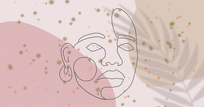 Showing single-line face in pastel layers, hoop blush pink arc beige palm gold specks orange dots