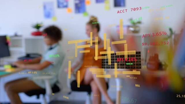 Pencil holder focus revealing finance overlays, man typing then turning to woman, discussing APY