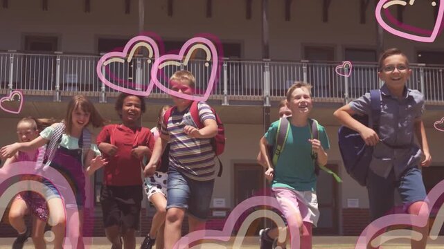 Bell sending students walking to running across school lawn, pink heart overlay growing around them