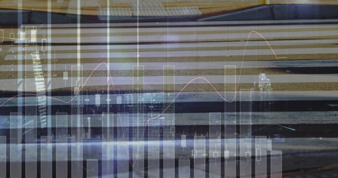 Displaying faint finance bars, candlesticks and wavy lines over striped platform and reflections