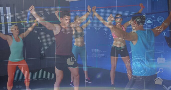 Stretching five adults wearing workout gear holding red resistance band in gym with digital overlay