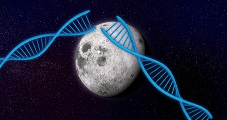 Fototapeta premium Floating cratered Moon centered in dense star field, curving neon blue DNA helices and violet glow