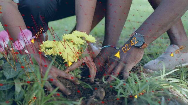 Seniors placing yellow plant in garden, red markers, yellow icons, waveform lines tracking hands