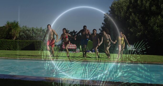 Sprinting group holding hands running to yard pool in swimwear with picnic blanket and ring overlay