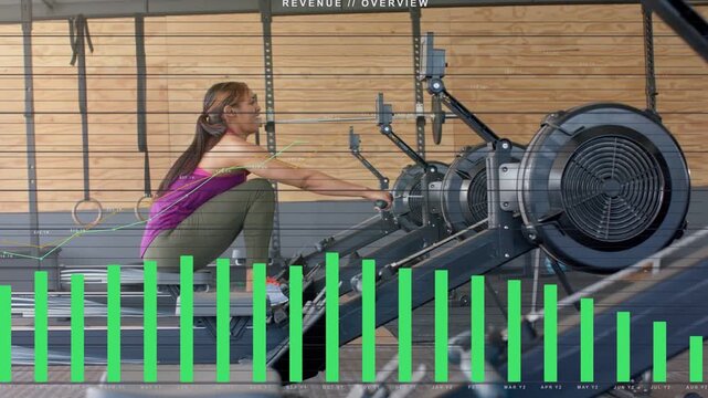 On gripping handle, female athlete rowing on rower while green revenue bars growing to show metrics