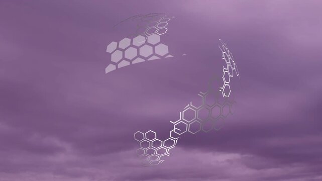 Glass hex globe rotating in purple sky, outlines forming panels, fragments orbiting for tech