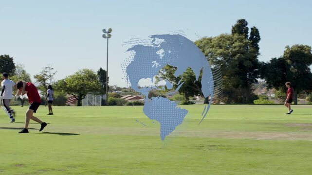 Cricket batter leaving crease, causing runner racing between wickets to score, globe obscuring play