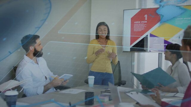 Presenter stepping to screen, pointing numbered panels, guiding business team with overlays