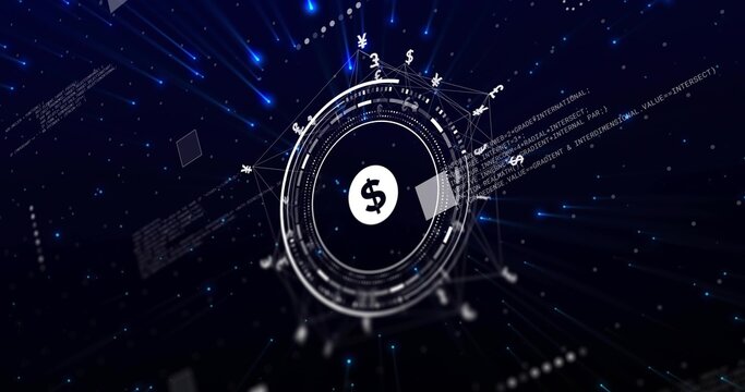 Showing central HUD with white dollar sign projecting rings and currency glyphs in data space