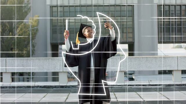 Male grad raising phone holding degree rooftop marking while AI grid tracing head growing fading