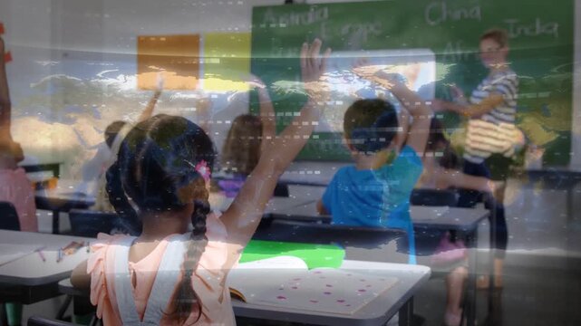 Girl raising hand as teacher calling class to answer, world map overlay appearing on screen