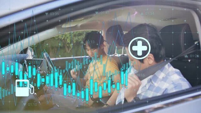 Teen driver buckling belt after adult buckling and pointing at dash, overlaying icons aiding safety