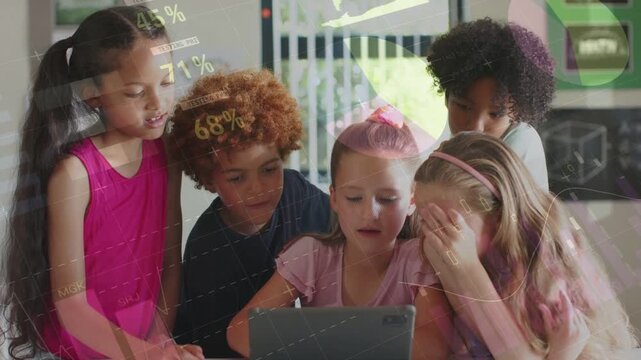 Center child tapping tablet and initiating interactive charts over screen while classmates learning