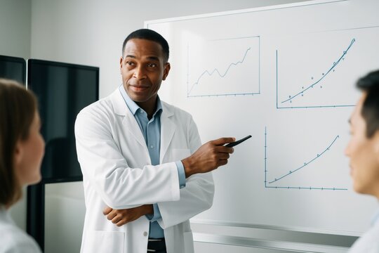 Scientist explaining scientific data and growth charts on whiteboard during meeting in bright lab environment with team members observing attentively. Ai generative