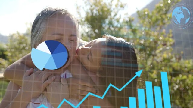 Mother and daughter embracing, data caption appearing and charts growing over faces for analytics