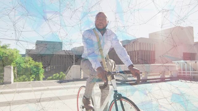 Mature man pedaling roof bike, starting camera move, mesh overlay on rider showing business commute