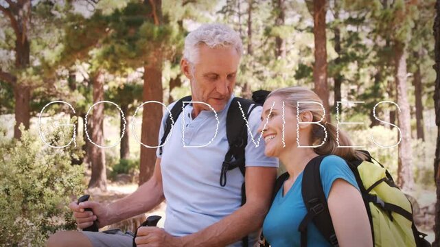 Hikers pausing on rock ledge, camera panning causing GOOD VIBES text glitching settling for health