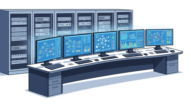 Control Room Command Center with Servers and Monitors Displaying Data