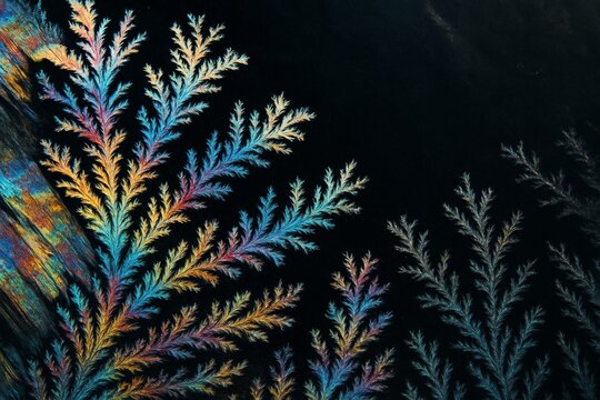 Abstract microscopic photo of citric acid crystals in rainbow colors forming fractal leaf patterns on dark background with vibrant lighting effects. Ai generative