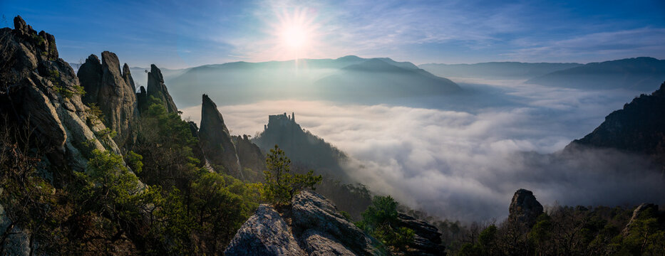 Mystical Sunrise over Wachau Valley: D&uuml;rnstein Castle Ruins Emerging from Thick Fog