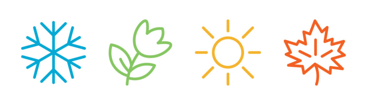 Four seasons icon set. Winter, spring, summer and autumn season minimal symbol for app, UI and web design element. Transparent PNG and vector