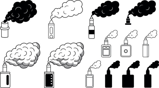 Vape Smoke Cloud Set with Electronic Cigarette Devices and Vapor Effects Black and White Outline Silhouette Collection Vector Illustration Isolated on White Background