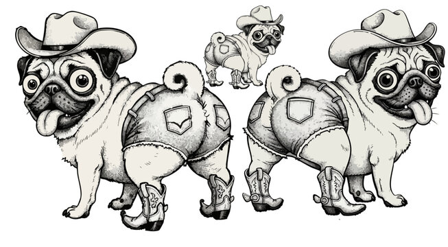 Funny cowboy pug dog vector illustration, cute pug wearing denim shorts and western boots, hand drawn sketch of pug in country western outfit