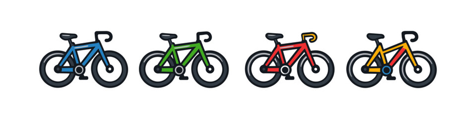 Fototapeta premium Four colorful bicycles lined up side by side on a white background